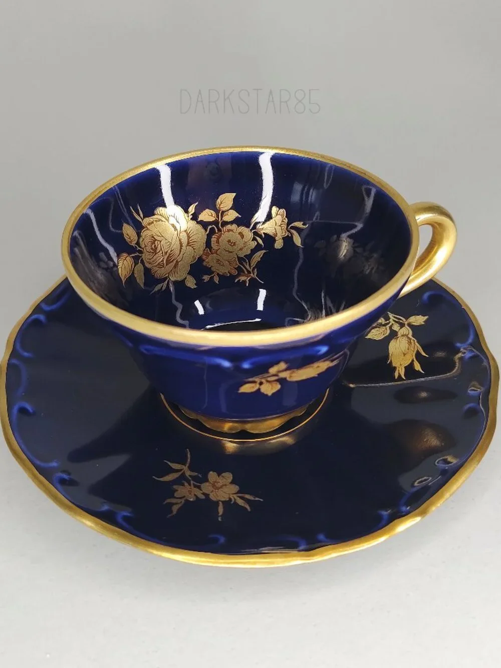 Vintage Bareuther & Co. Waldassen Bavaria Echt Cobalt Floral Teacup and Saucer